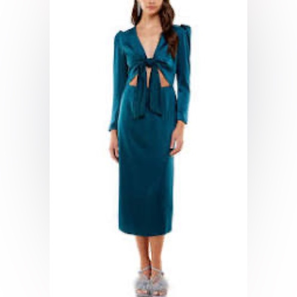 WAYF Silk Tie Front V-Neck Long Sleeve Cut Out Thigh High Slit Midi Dress